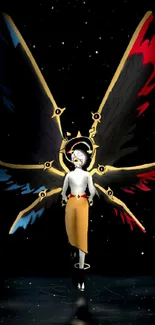 Mystical figure with celestial wings in space-themed wallpaper.