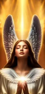 Serene angel with glowing aura and wings in divine golden light.