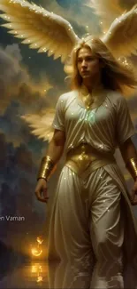 Ethereal wallpaper of an angelic guardian with glowing golden wings.