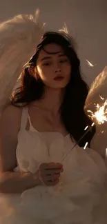 Ethereal angelic figure holding a sparkler with soft wings.