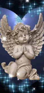 Ethereal angel wallpaper with cherub and shimmering stars on dark blue background.