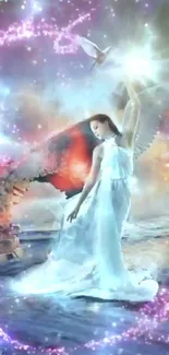 Ethereal angelic figure with celestial light in a mystical scene.