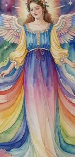 Ethereal angel with rainbow gown and wings, set against a colorful watercolor background.