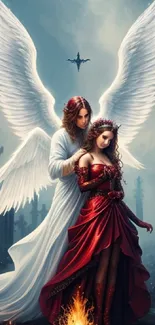 Romantic angelic couple with wings in gothic setting.