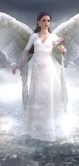 Ethereal angel with white wings over a mystical cityscape.