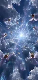 Ethereal angels soar through a cloudy sky. Fantasy mobile wallpaper.