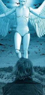 A futuristic angel with wings over a person, set in a striking light blue sky.