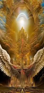 Ethereal angelic art with wings and gold hues creating a mystical scene.