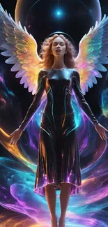 Mystical angel with vibrant wings in a cosmic backdrop.