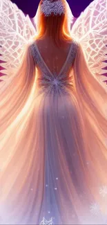 Ethereal angel with radiant white wings in flowing gown against twilight sky.