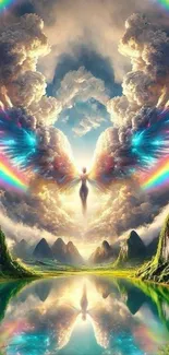 Ethereal scene with angelic wings and rainbow reflection.