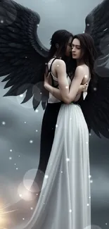 Two dark-winged angels embracing under a stormy sky, creating a mystical aura.