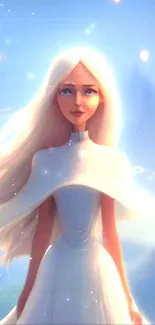 Ethereal animated woman with white hair in a serene, dreamy setting.