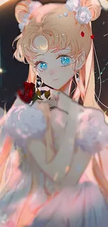 Ethereal anime character with roses and dreamy eyes.