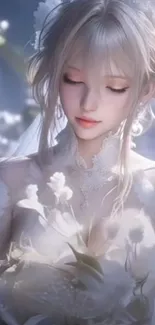 Ethereal anime bride with floral accents.