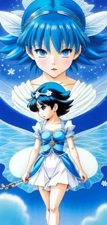 Anime fairy with wings in blue night sky wallpaper.