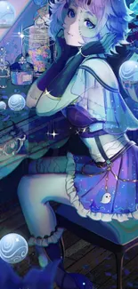 Ethereal anime fantasy wallpaper with blue hues and a dreamy character.