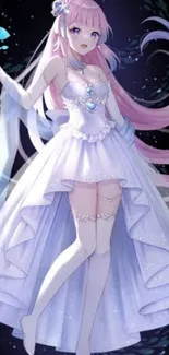 Anime character in white dress with flowing pink hair.