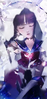 Ethereal anime girl with lavender hues and peaceful expression.