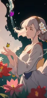 Anime girl with butterflies and flowers in a magical scene.