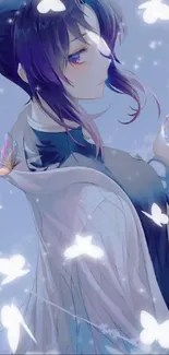 Ethereal anime girl with butterflies and soft hues in a fantasy theme wallpaper.