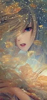 Ethereal anime girl with golden hues and mystical ambiance in a mobile wallpaper.