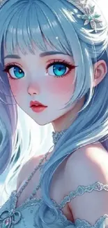 Ethereal anime girl with blue eyes and pastel hair.