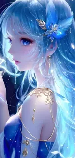 Anime girl with blue hair and golden accents against a starry sky.