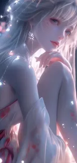 Ethereal anime character with soft pink hues and magical glow.