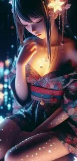 Anime character in a starry, glowing night scene.