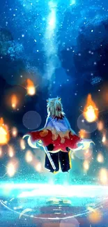 Anime character under a glowing starry night sky, illuminated by floating lights.