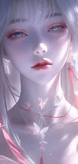 Ethereal anime portrait with butterflies and pink hues.