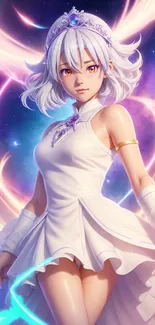 Ethereal anime princess with white hair in a magical setting.