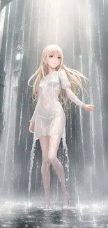 Anime character standing gracefully in a rainfall scene.