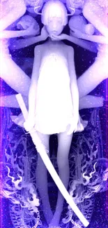 Ethereal anime figure with sword on a mystical purple background.