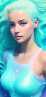 Fantasy artwork featuring a woman with flowing turquoise hair.