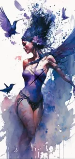 Ethereal woman in purple with soaring birds art.