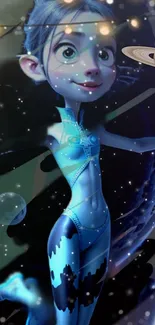 Whimsical art of an astronaut girl in space with planets and stars.