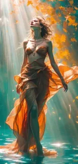 Graceful woman in flowing dress surrounded by autumn leaves and light rays.