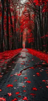 Ethereal autumn forest path with red leaves