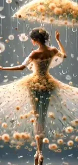 Ethereal ballerina with flowing dress and umbrella.