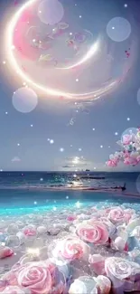 Dreamy beach with crescent moon and roses under a mystical night sky.