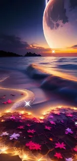 Ethereal beach scene with moonlit sky and glowing heart.