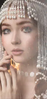 Ethereal portrait of woman with beaded headdress on black background.