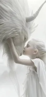 Girl kissing a mystical white beast in ethereal setting.