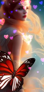 Ethereal woman with golden hair and butterfly on phone wallpaper.