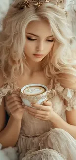 Serene woman with latte art in a dreamy setting.
