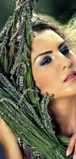 Woman with lavender against a dreamy backdrop.