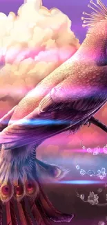 Ethereal purple bird with clouds and flowers in fantasy art.