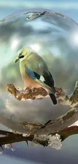 Bird in a crystal sphere with serene background.